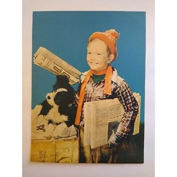 Newspaper Boy And Black & White Puppy Dog Art Print Vintage 1940's Lithograph - Picture 6 of 6
